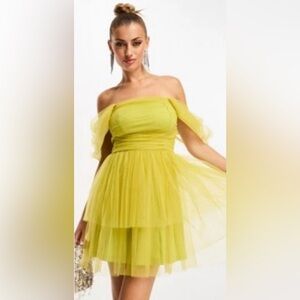 Lace & Beads Sydney off the shoulder green double  layered tulle mini dress 14